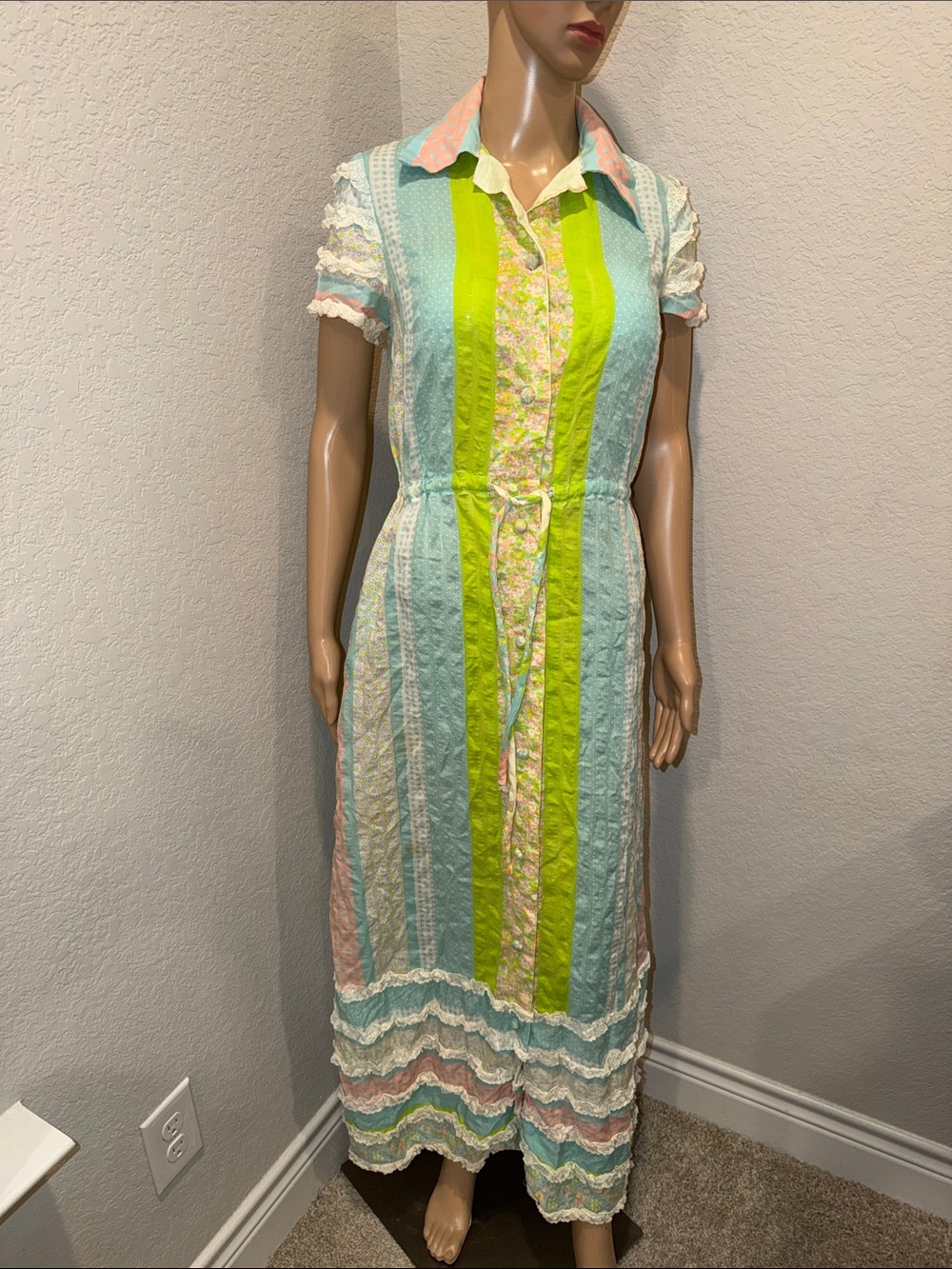 Vintage 70’s Joey Lightweight Striped Button-Front Summer Dress in Pastel Colors